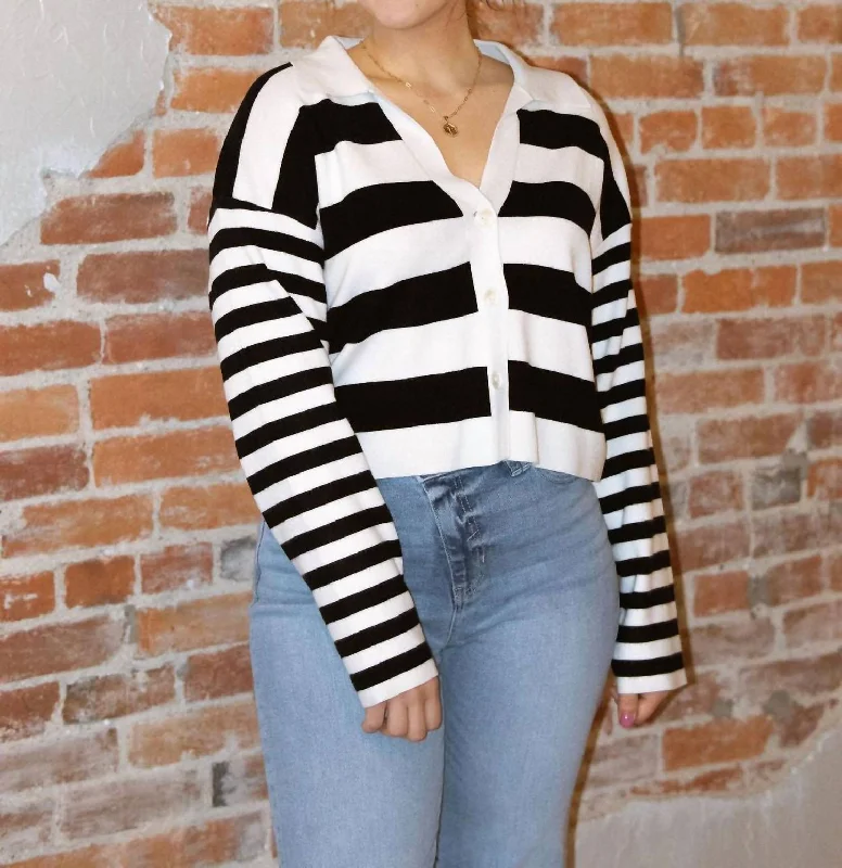 Collar Stripe Cardigan In Black