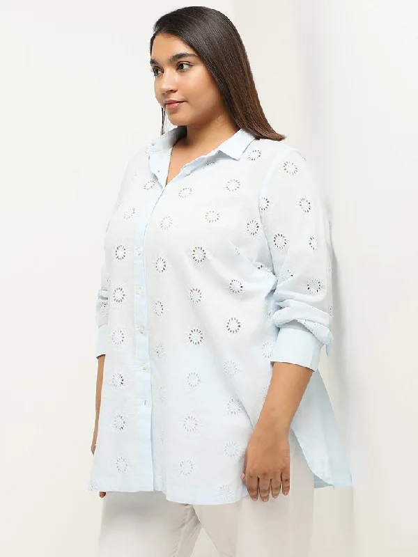 Diza Soft Blue Cotton Cut-Work Tunic