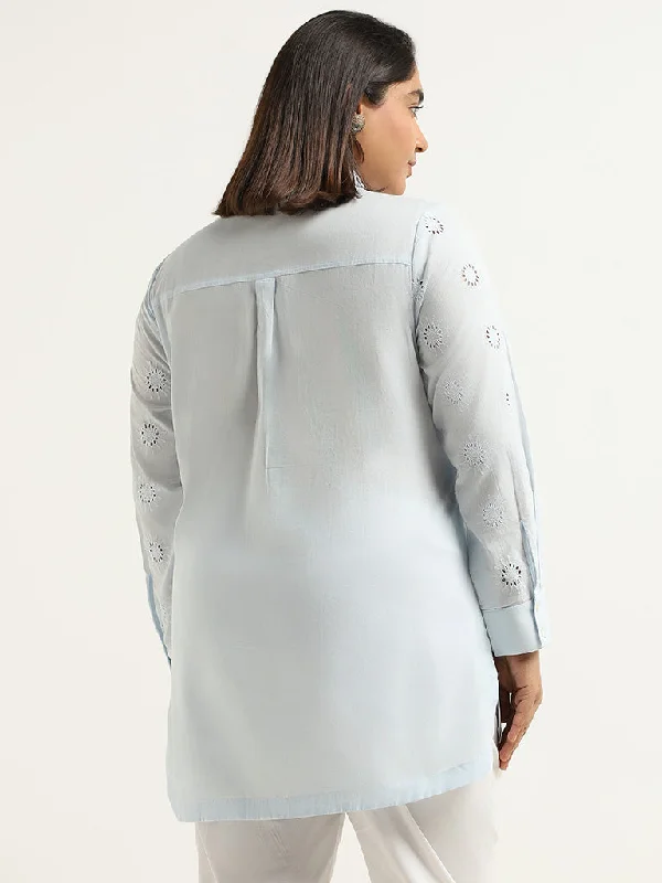 Diza Soft Blue Cotton Cut-Work Tunic