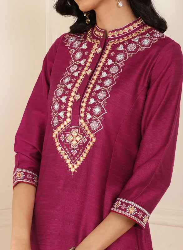 Fuchsia Embroidered Party Wear Kurta Set with Mirror Work