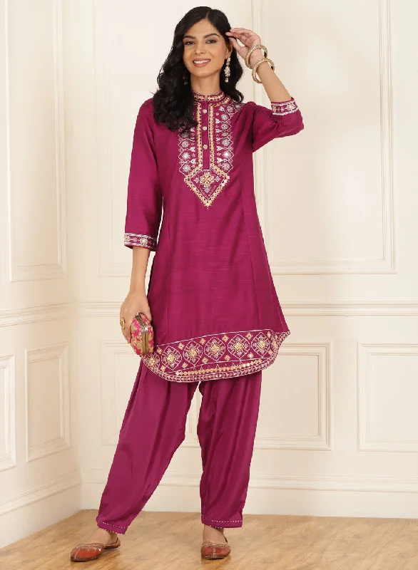 Fuchsia Embroidered Party Wear Kurta Set with Mirror Work