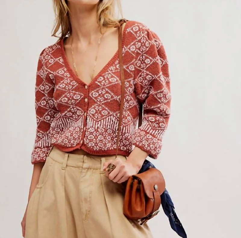 Geo Floral Cardi In Orchid/cinnamon