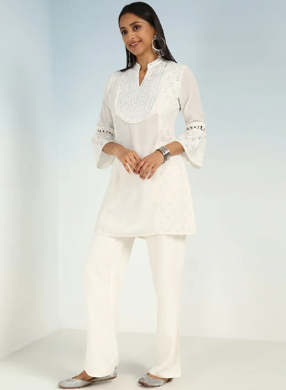 Ivory Short Tunic with Mirror Work and Bell Sleeves