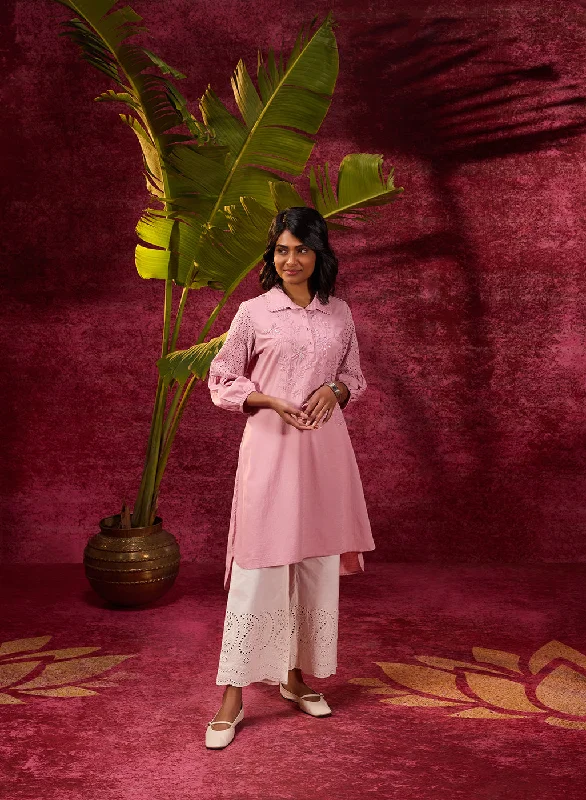 Kyla Basil Rose Pink Embroidered Cotton Linen Tunic for Women