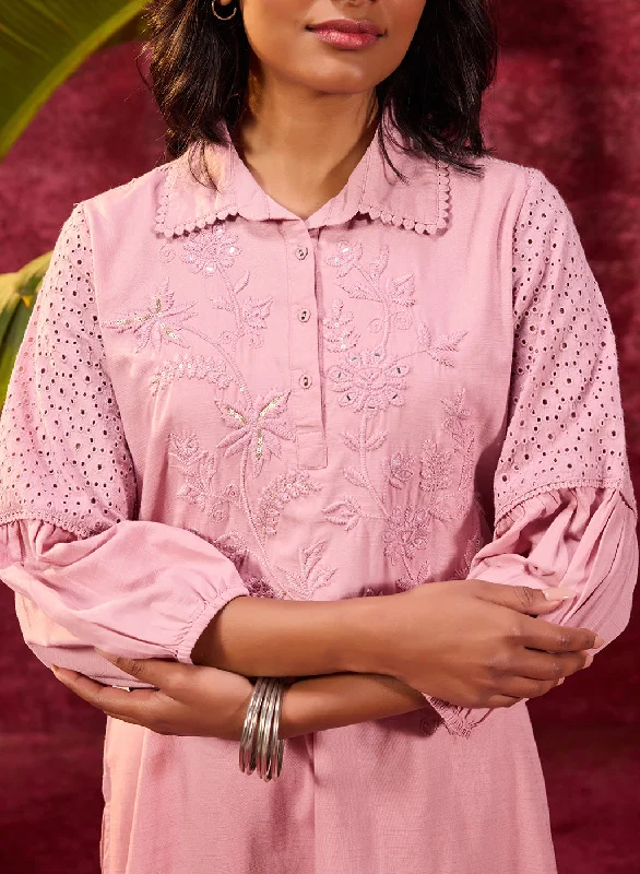 Kyla Basil Rose Pink Embroidered Cotton Linen Tunic for Women