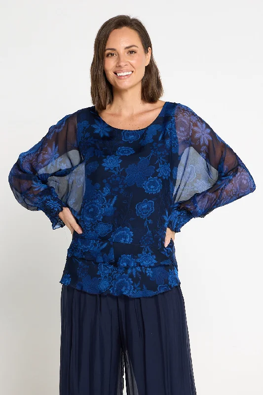 Lisette Long Sleeve Silk Top - Royal Jacobean