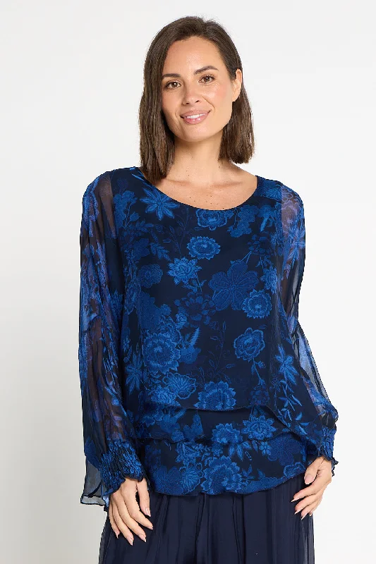 Lisette Long Sleeve Silk Top - Royal Jacobean