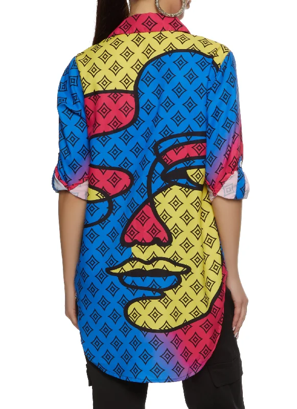 Color Block Face Print Button Front Tunic Shirt