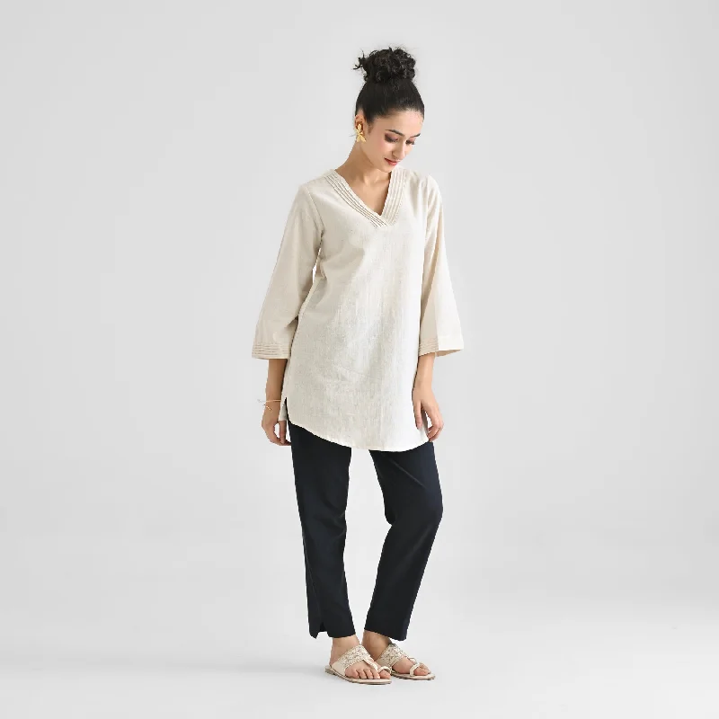 Off White Linen Cotton Tunic with Pintuck V Neckline & Sleeve Detail