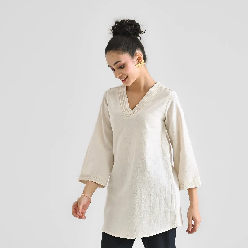 Off White Linen Cotton Tunic with Pintuck V Neckline & Sleeve Detail