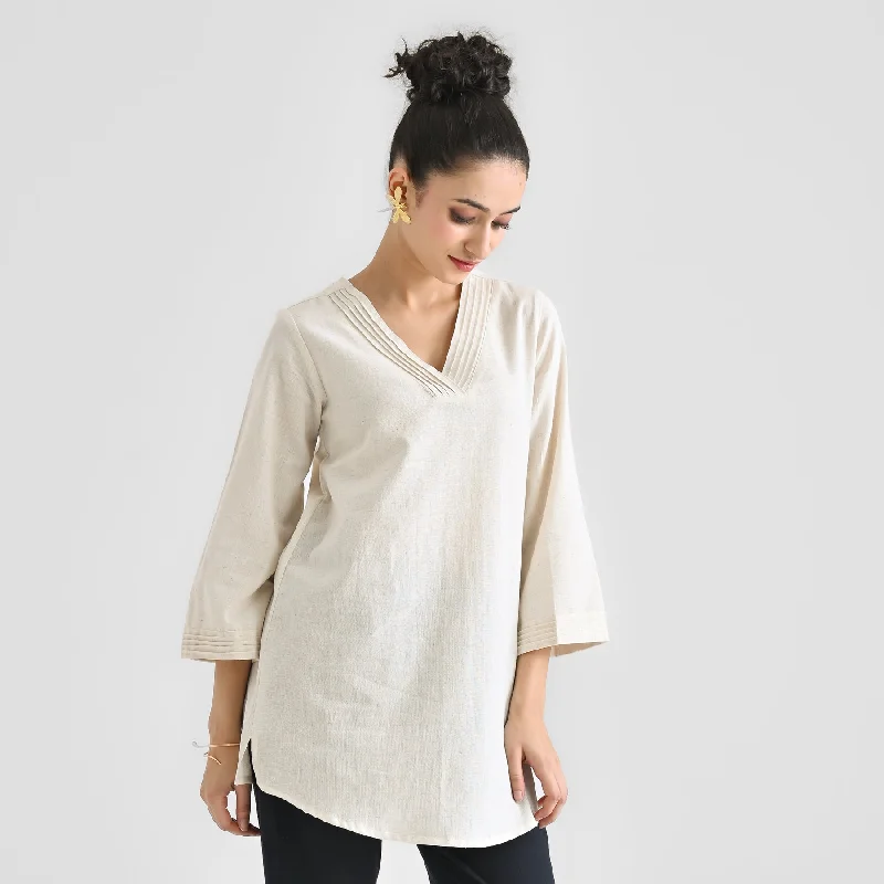 Off White Linen Cotton Tunic with Pintuck V Neckline & Sleeve Detail