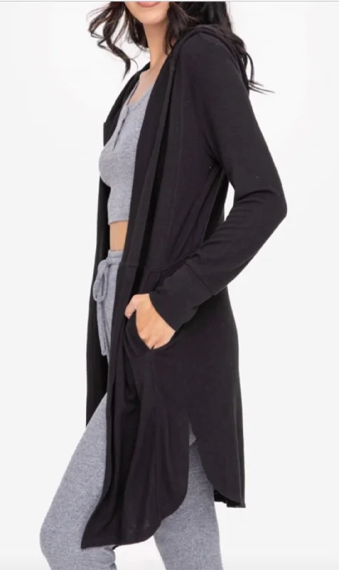 Open Front Hooded Cardigan With Pockets In Black