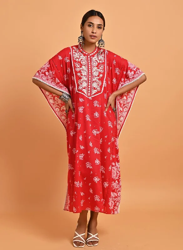 Red Cotton Printed Kaftan Kurta with Embroidery