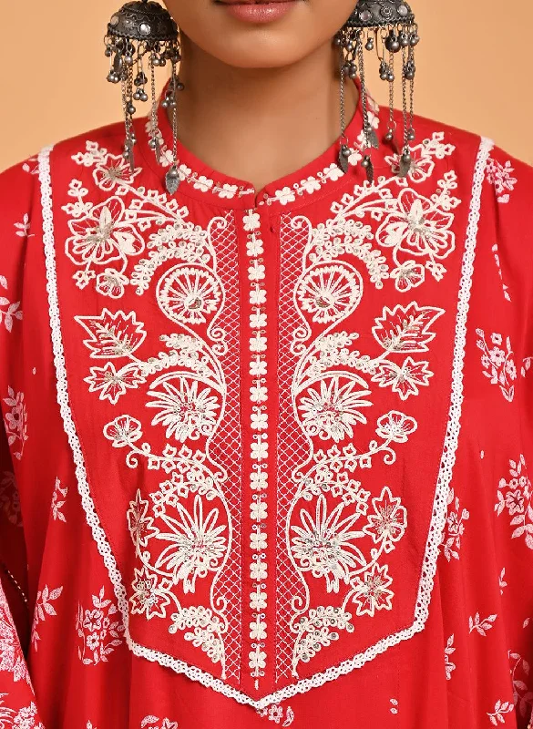 Red Cotton Printed Kaftan Kurta with Embroidery