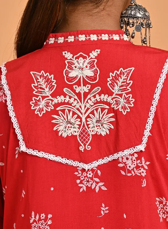 Red Cotton Printed Kaftan Kurta with Embroidery