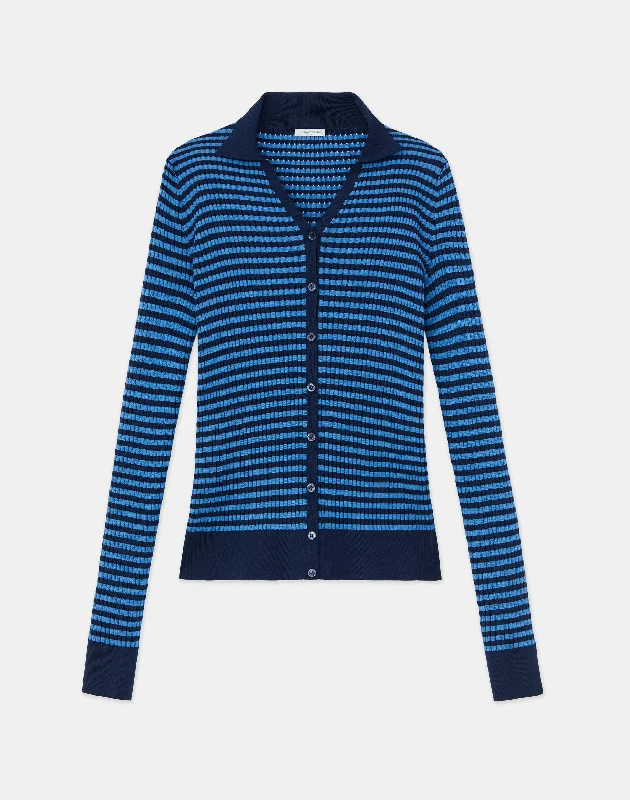 Stripe Matte Crepe Pointelle Collared Cardigan