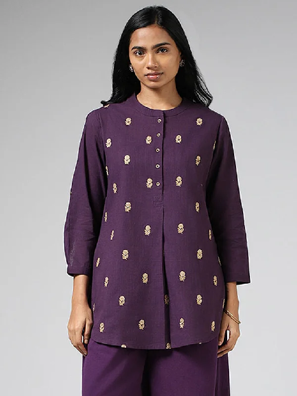 Utsa Dark Purple Floral Zari Embroidered Kurti