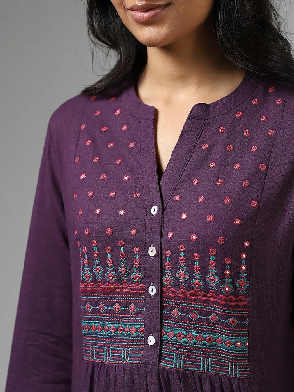 Utsa Dark Purple Mirror Embroidered Pleated Kurti