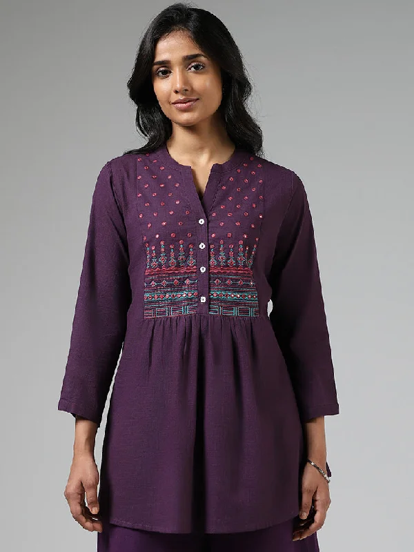 Utsa Dark Purple Mirror Embroidered Pleated Kurti