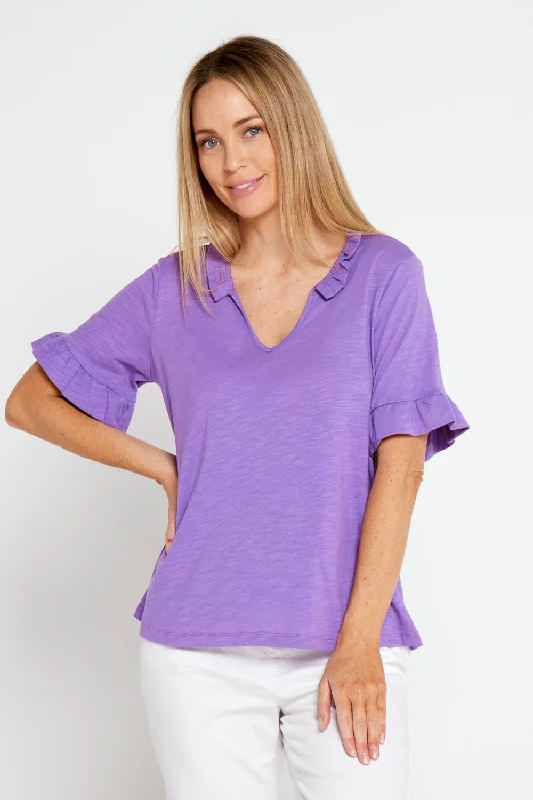 Vee Ruffle Cotton Top - Purple