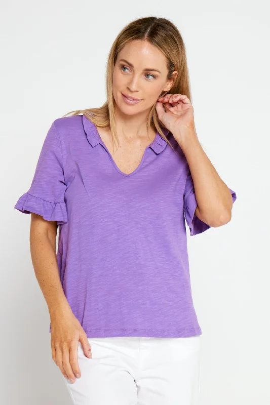 Vee Ruffle Cotton Top - Purple