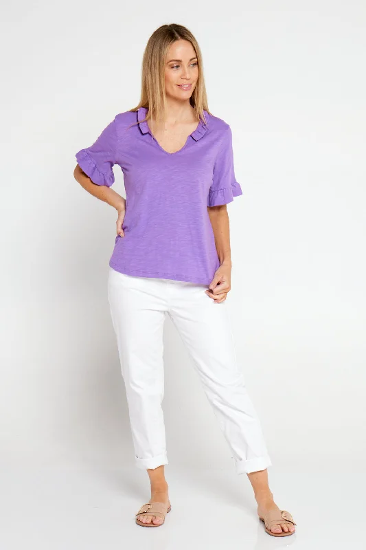 Vee Ruffle Cotton Top - Purple