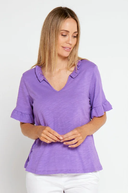 Vee Ruffle Cotton Top - Purple