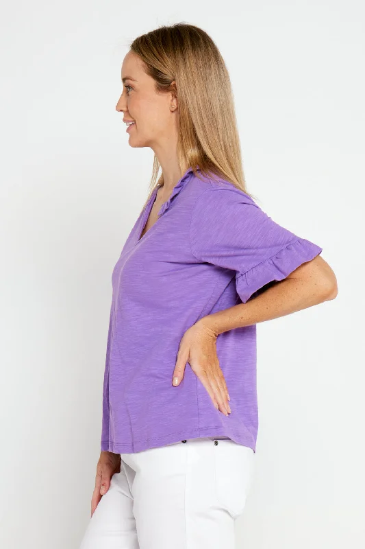 Vee Ruffle Cotton Top - Purple