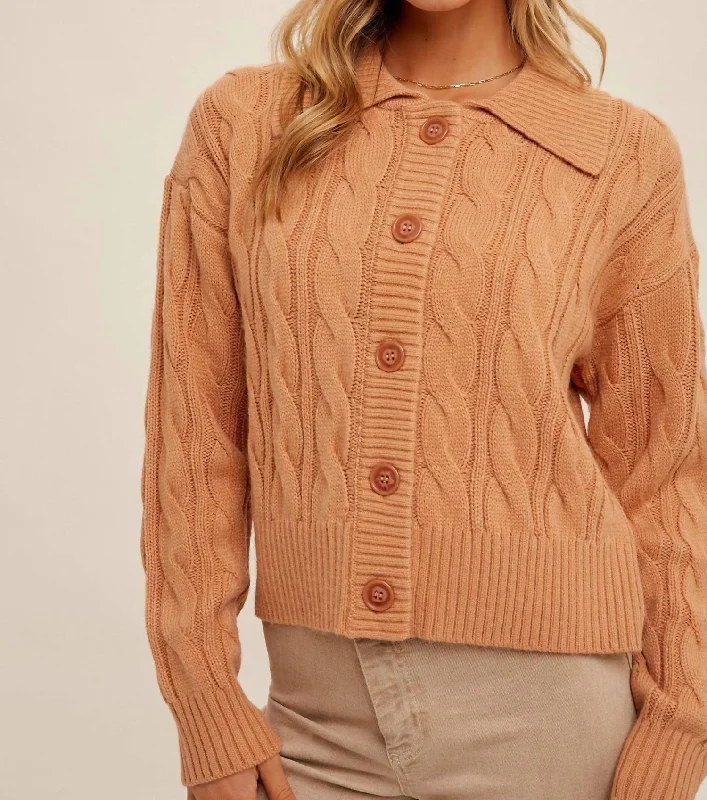 Viviana Collar Front Button Down Cardigan In Caramel