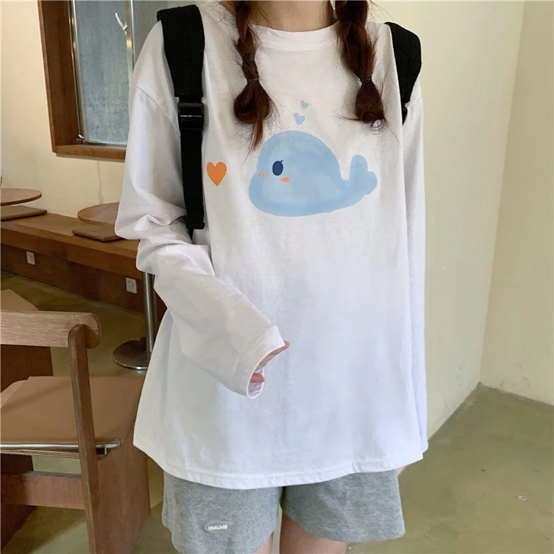 Women's Kawaii Cetacean Printed Loose T-shirt