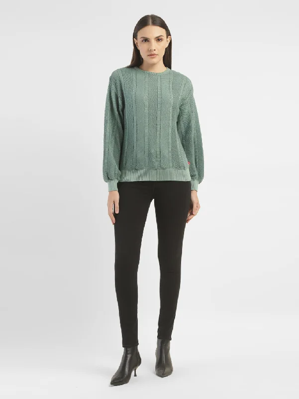 Women's Textured Green Crew Neck Sweater