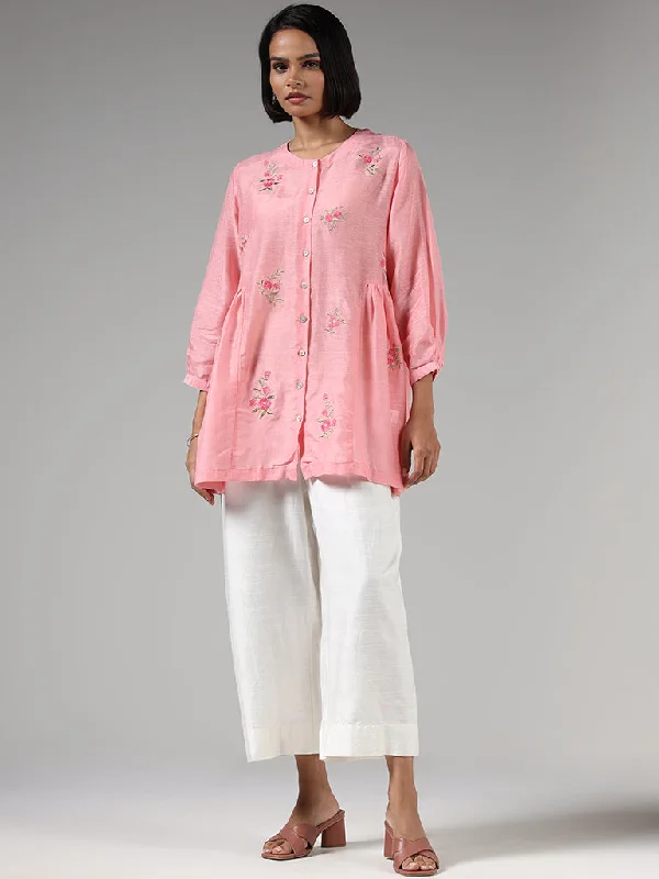 Zuba Pink Embroidered Buttoned Down Kurti