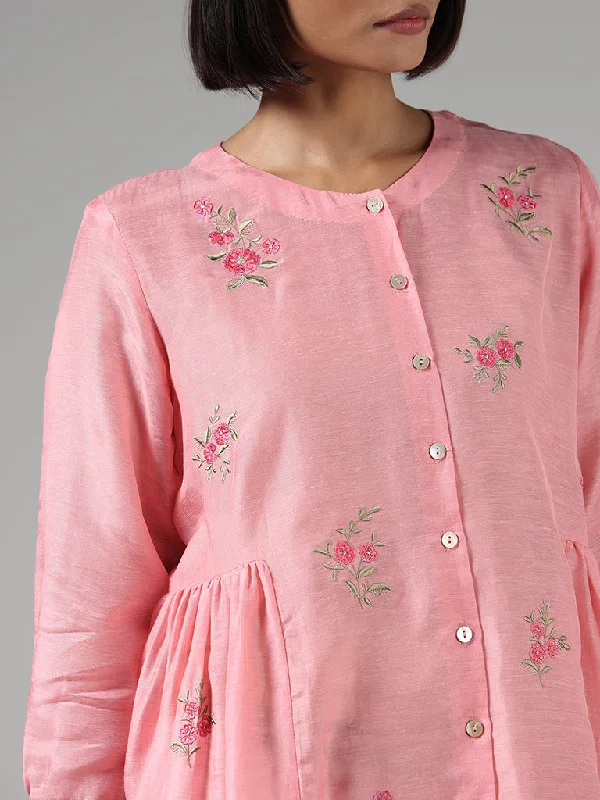 Zuba Pink Embroidered Buttoned Down Kurti