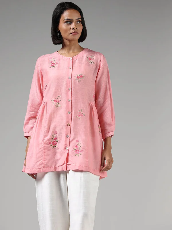 Zuba Pink Embroidered Buttoned Down Kurti