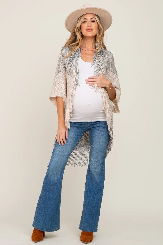 Beige Grey Fringe Knit Maternity Cover-Up