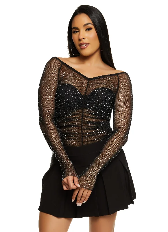 Iris Rhinestone Mesh Ruched Front Bodysuit