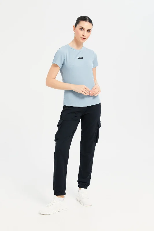 Women Blue Plain Rib T-Shirt