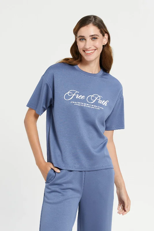 Blue High Neck Boxy Tee With Placement Print