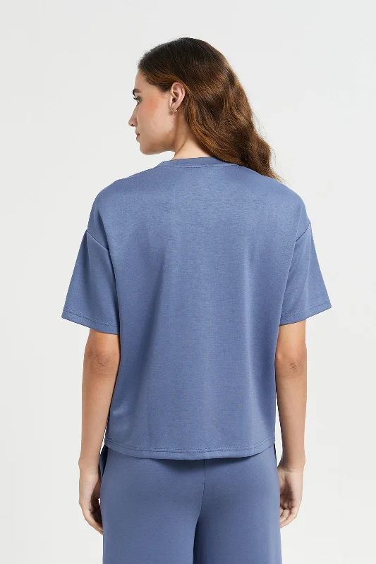 Blue High Neck Boxy Tee With Placement Print