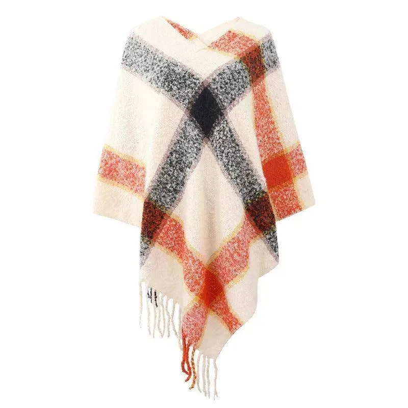 Cashmere Contrast Color Striped Cape Knitted Tassel Scarf