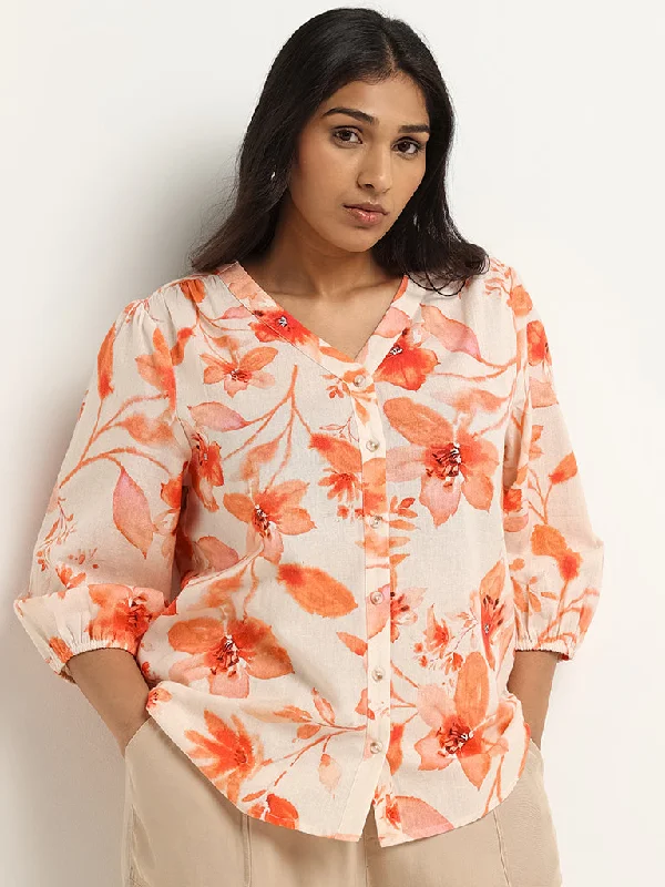 Gia Orange Floral Print Blended Linen Shirt