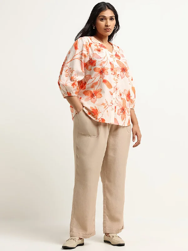 Gia Orange Floral Print Blended Linen Shirt