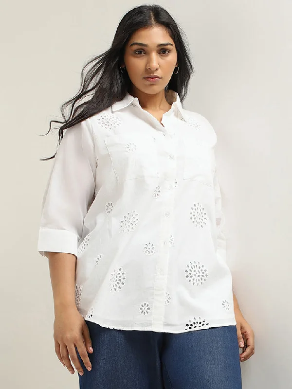 Gia White Floral Embroidered Cotton Shirt