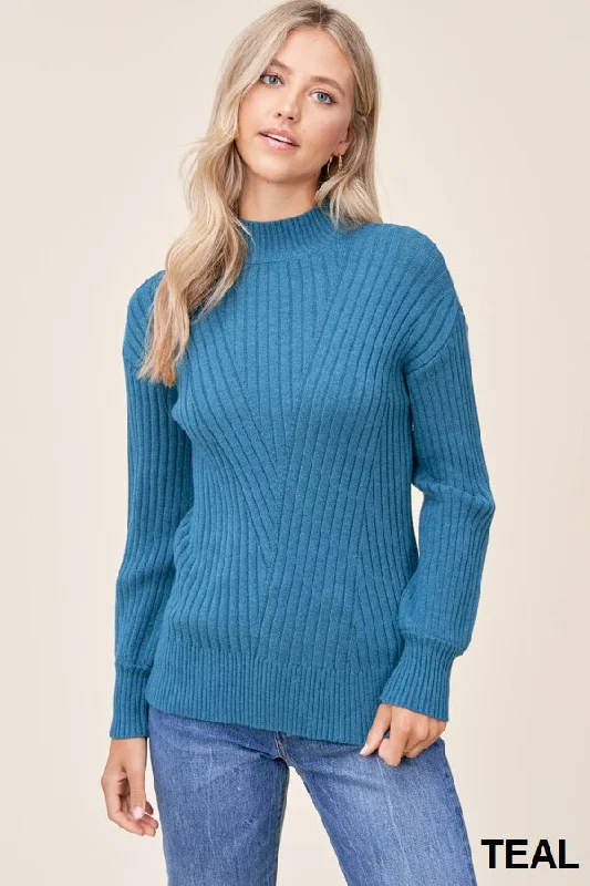 High Neck Ribbed Sweater Balloon Sleeves