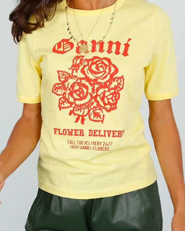 Light Cotton Jersey Flower Fitted T­-shirt - Yellow Cream