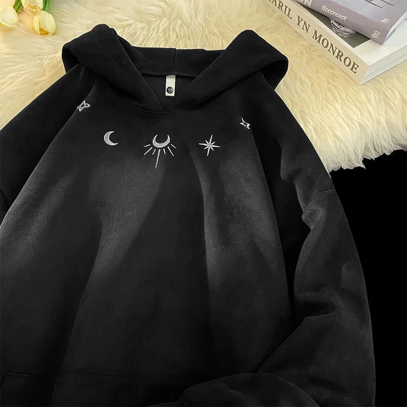 New Suede Sweatshirt Men Retro Street Loose Hoodie Embroidery Pattern Gothic Style Hooded Sweatshirt Spring Male Sweatshirts