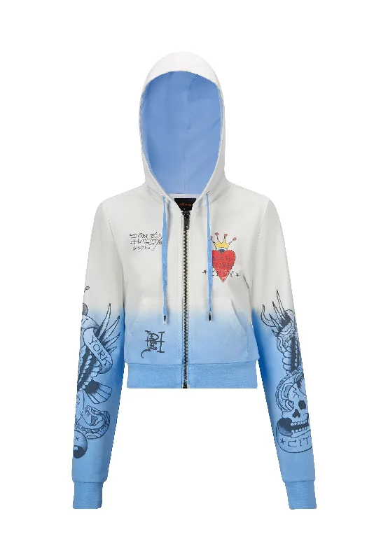 Womens Nyc-Heart Cropped Zip Through Hoodie - Blue