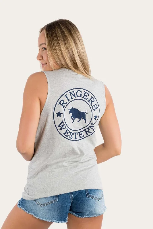 Signature Bull Womens MUSCLE TANK - Grey Marle with Navy Print