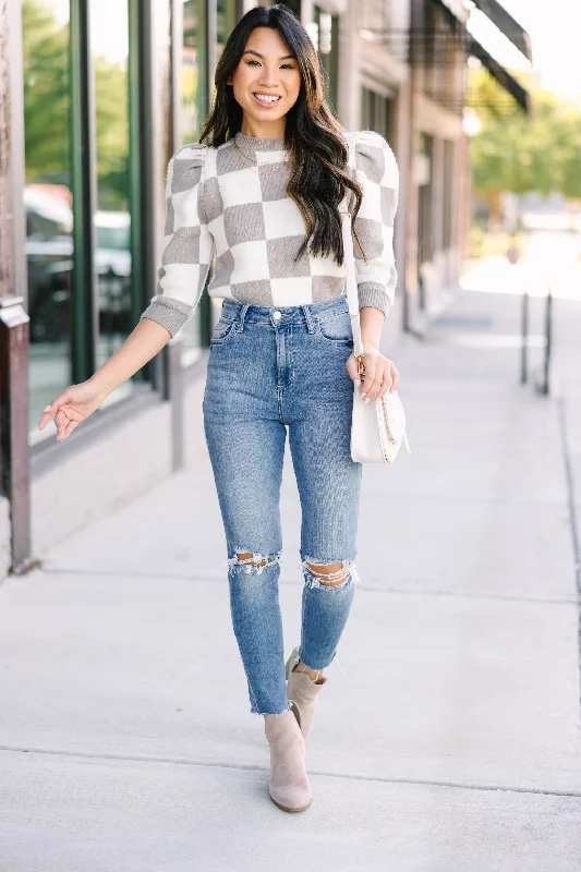 Up The Tempo Taupe Brown Checkered Sweater