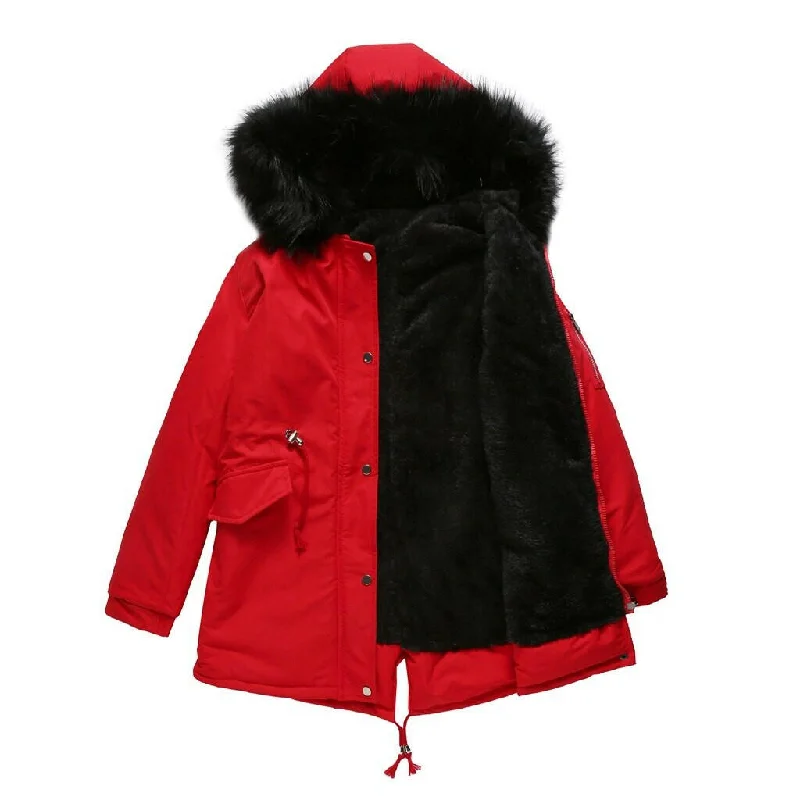 Winter Parker coat mid-length with hooded warm plus fleece fur jacekt women cotton padded coat Parkas solid outerwear adjustable